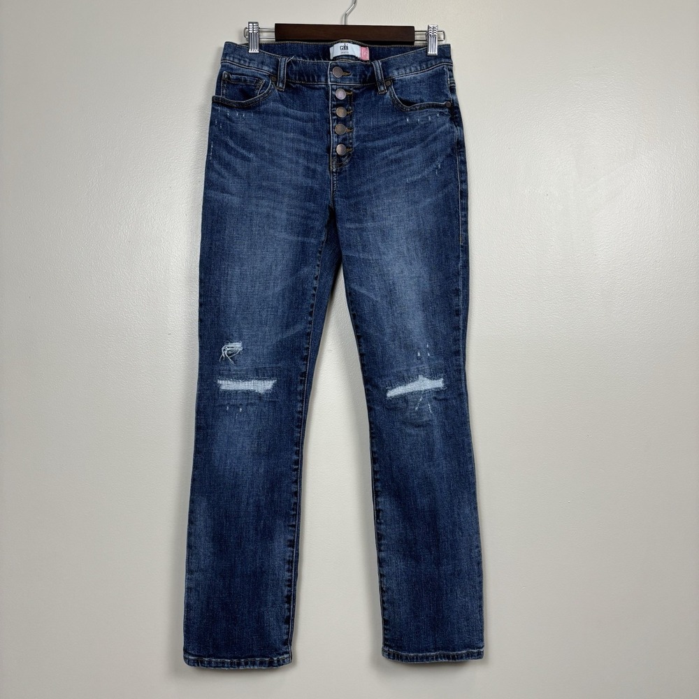 Cabi Jeans Women's 8 Blue Button Fly Straight Leg Distressed Mid Rise Denim